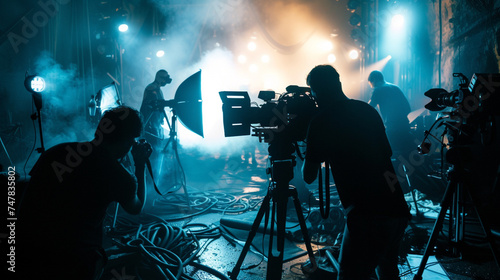 a behind-the-scenes look at a film production, focusing on the shadowy outlines of crew members working among silhouette-blurred LED lights