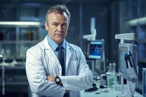 
Portrait photograph of a male physician-scientist in his early 40s, conducting clinical trials in a medical research lab, with medical equipment in the background