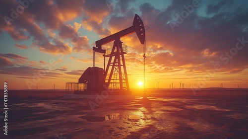sunset in an oil field. Created with Generative AI.