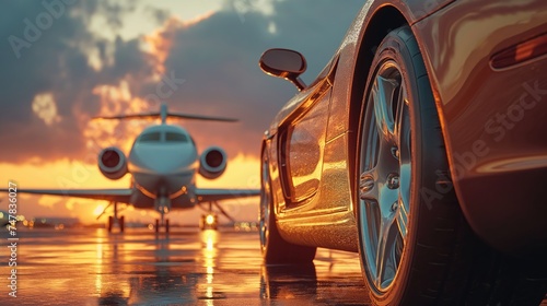 Super car and private jet on landing strip. Business class service at the airport. Created with Generative AI.  © lchumpitaz