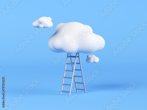 3d render, white cloud above the blue ladder, isolated on blue background
