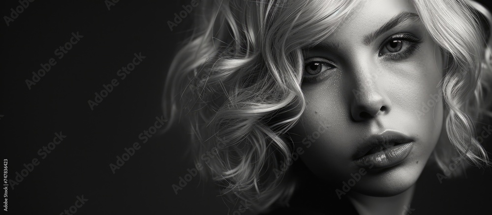 A black and white portrait of a blonde woman, showcasing a stylish and elegant fashion look. The image captures the models features with added grain for a vintage aesthetic. A black and white portrait of a blonde woman, showcasing a stylish and elegant fashion look. The image captures the models features with added grain for a vintage aesthetic.