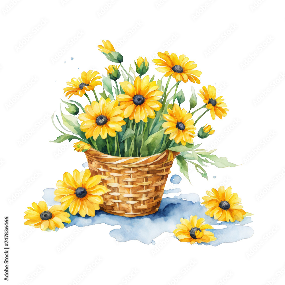 Bright yellow daisies arranged in a polka dot fabric basket, flower basket watercolor illustration clip art