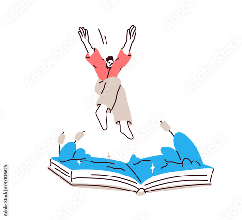 Reader diving into book, knowledge ocean, information sea. Character jumping ...