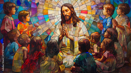 Depict Jesus surrounded by children in a stained glass window, emphasizing his gentleness and love, using a range of joyful and soft colors to reflect innocence and divine love