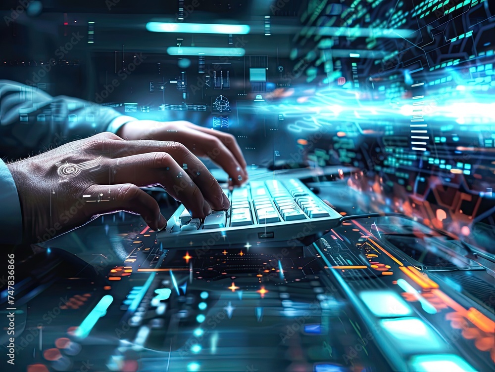 Businessman_s hands working with keyboard and mouse with future technology Businessman_s hands working with keyboard and mouse with future technology