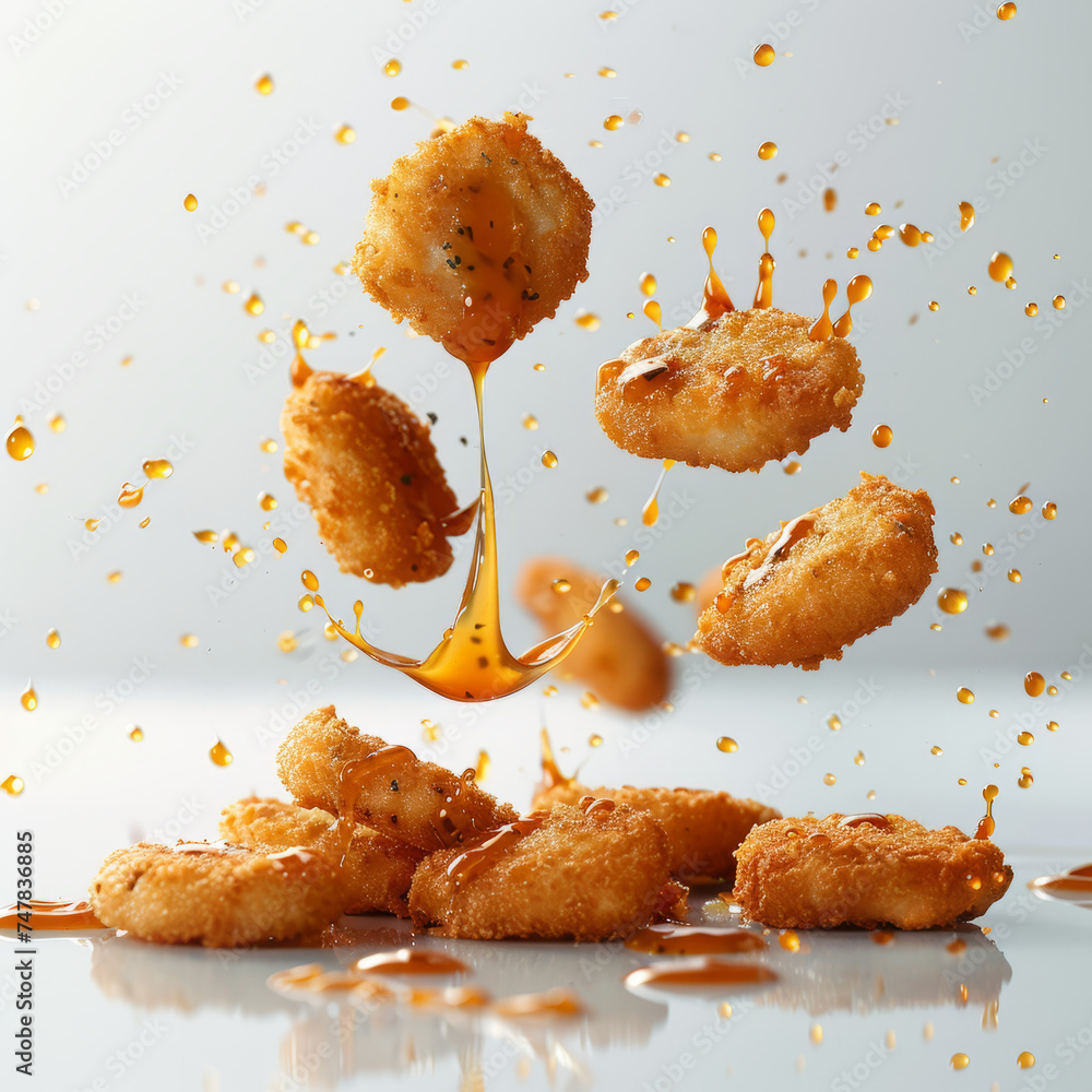 chicken nuggets flying with sauce on white background chicken nuggets flying with sauce on white background