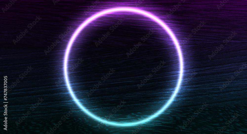 Obraz premium 焼きこんだ木目の板の表面 紫と緑のグラデーション 円形のネオンの光 年輪模様と艶を出した木材のテクスチャー背景