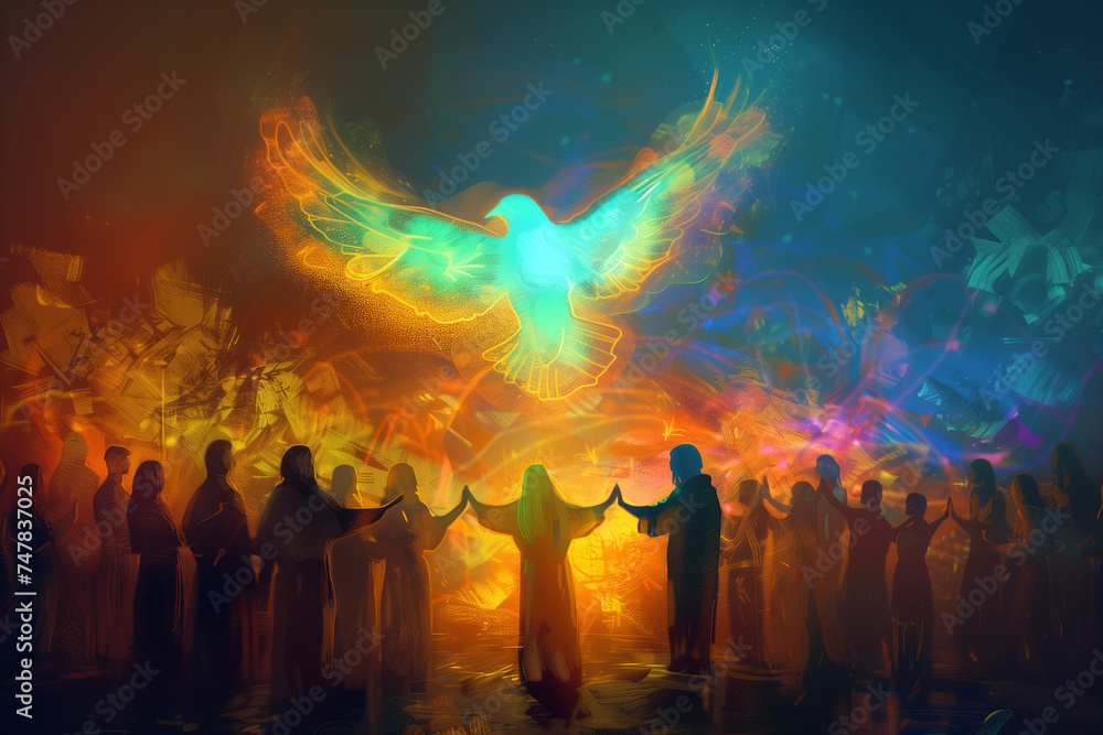 Digital art of people united, holding hands, with a glowing dove representing the Holy Spirit