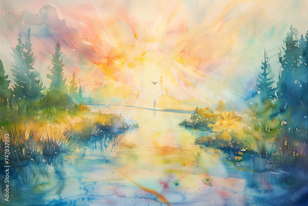 A watercolor painting shows the Holy Spirit gently descending, casting soft, colorful light on a peaceful - obrazy, fototapety, plakaty 