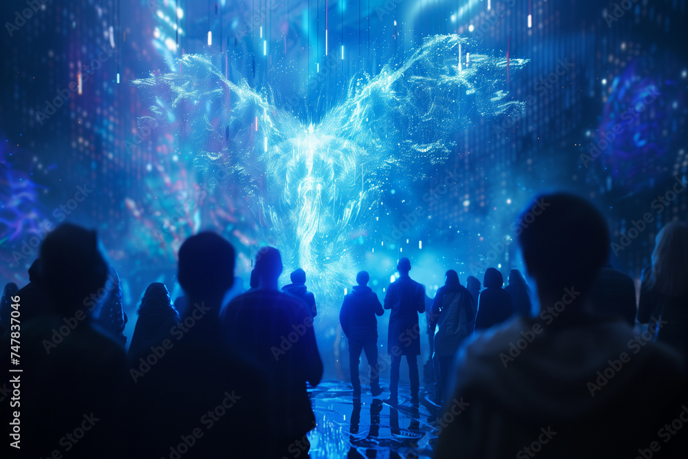 Futuristic scene hologram of Holy Spirit as data streams into minds of ...