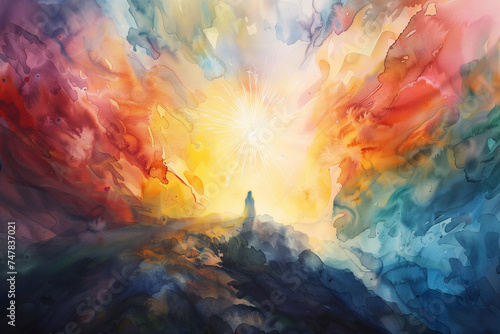 A watercolor painting shows the Holy Spirit gently descending, casting soft, colorful light on a peaceful photo