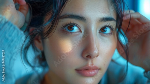 A bored and sleepless young Asian woman, lying on the sofa and looking into a mirror without makeup, touching her under eye area with the problem of dark circles, puffiness, swollen skin, or wrinkles