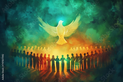 Digital art of people united, holding hands, with a glowing dove representing the Holy Spirit