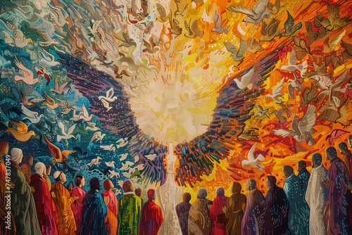 Tiny dots create a colorful pointillist artwork of Pentecost photo