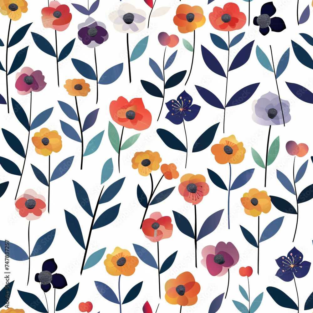 Field of geometric flowers with leaves on white background Field of geometric flowers with leaves on white background