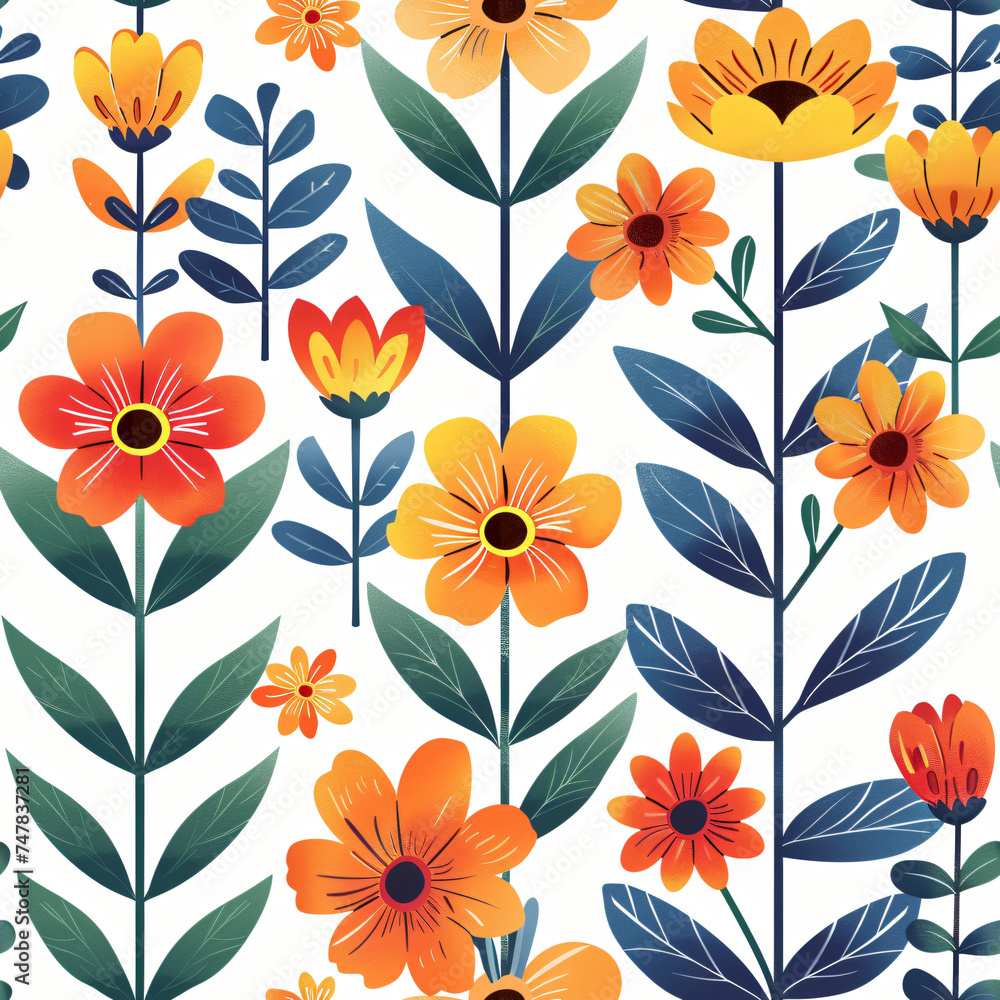 Field of geometric flowers with leaves on white background Field of geometric flowers with leaves on white background