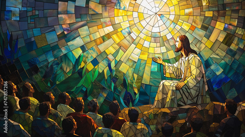 Create a stained glass representation of Jesus delivering the Sermon on the Mount, using blues and greens to reflect the outdoor setting and golden hues for the divine light shining upon him