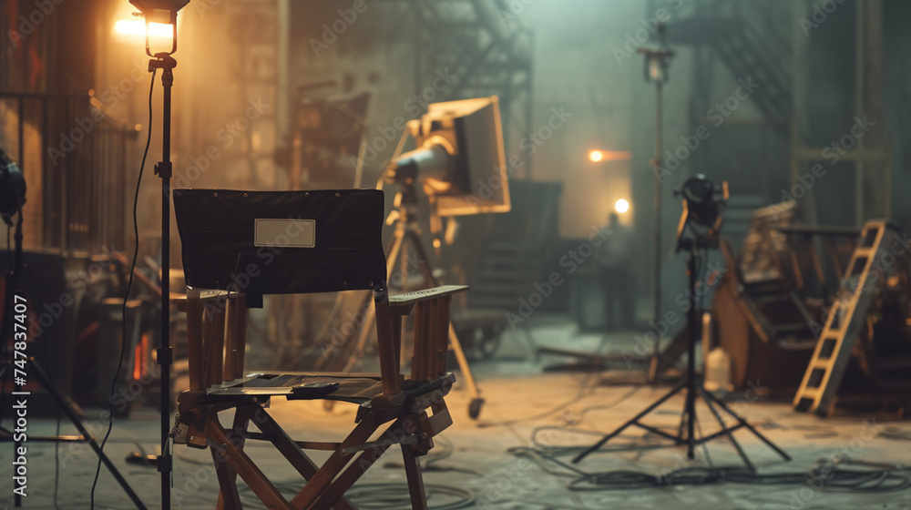 Create an iconic image featuring an empty director's chair with a name tag and a megaphone resting beside it, set against the backdrop of a busy film set.