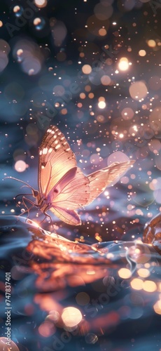 Dreamy Elegance: Butterfly Ballet on Liquid Surface with Glistening Particles