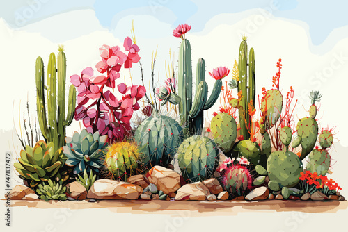 hand drawn watercolor painting of desert scenery. landscape painting with prickly pear, saguaro, barrel cactus, cactus flowers, plants, rocks, dry soil, dunes,