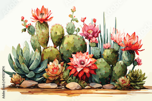 hand drawn watercolor painting of desert scenery. landscape painting with prickly pear, saguaro, barrel cactus, cactus flowers, plants, rocks, dry soil, dunes,