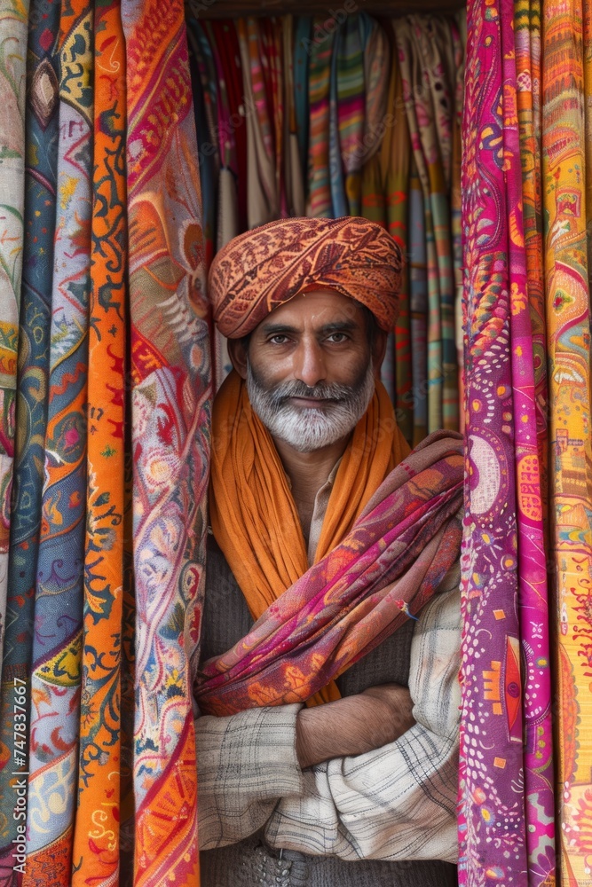 Elderly Indian man selling fabrics at the marke