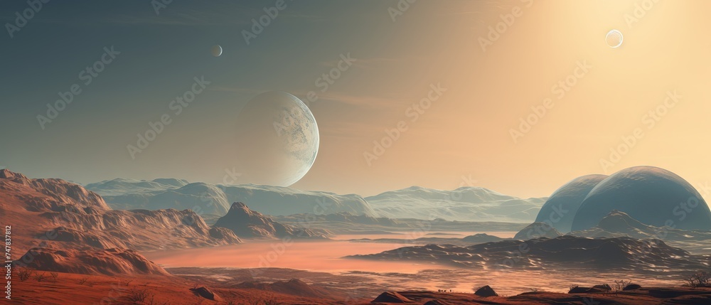 Rugged Martian Terrain with Giant Moon on Horizon - Space Exploration Background
