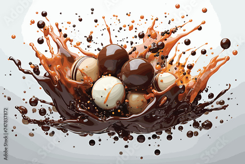 Chocolates dropping into liquid cacao chocolate. 3d rendering