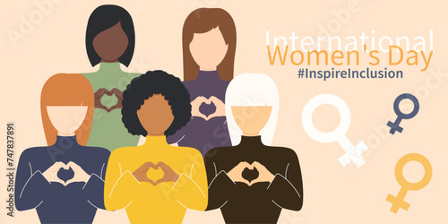 International Women's Day banner of campaign 2024. #InspireInclusion.March Women's History Month.8 March.Faceless Womans for #InspireInclusion 2024 campaign.Heart-shaped hands.Inspire Inclusion.