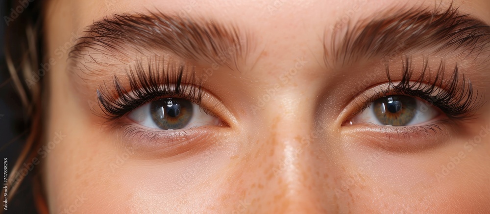 This close-up shot features a womans face showcasing long and glamorous eyelashes, emphasizing the intricate details and volume of her lash extensions. This close-up shot features a womans face showcasing long and glamorous eyelashes, emphasizing the intricate details and volume of her lash extensions.