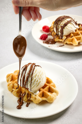 plate of belgian waffle with ice cream