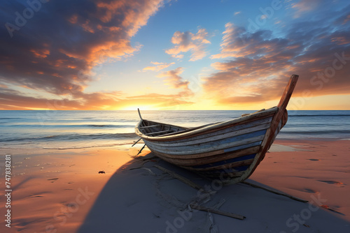 A beach at sunset, where the stillness of the boat echoes the calm of AI Generative.