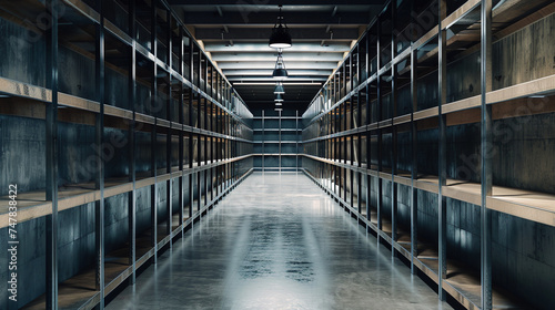 Empty Modern Warehouse Shelves with Industrial Vibe at Daytime photo