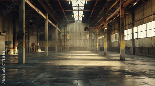 Spacious Industrial Warehouse Interior with Sunlight Streaming In