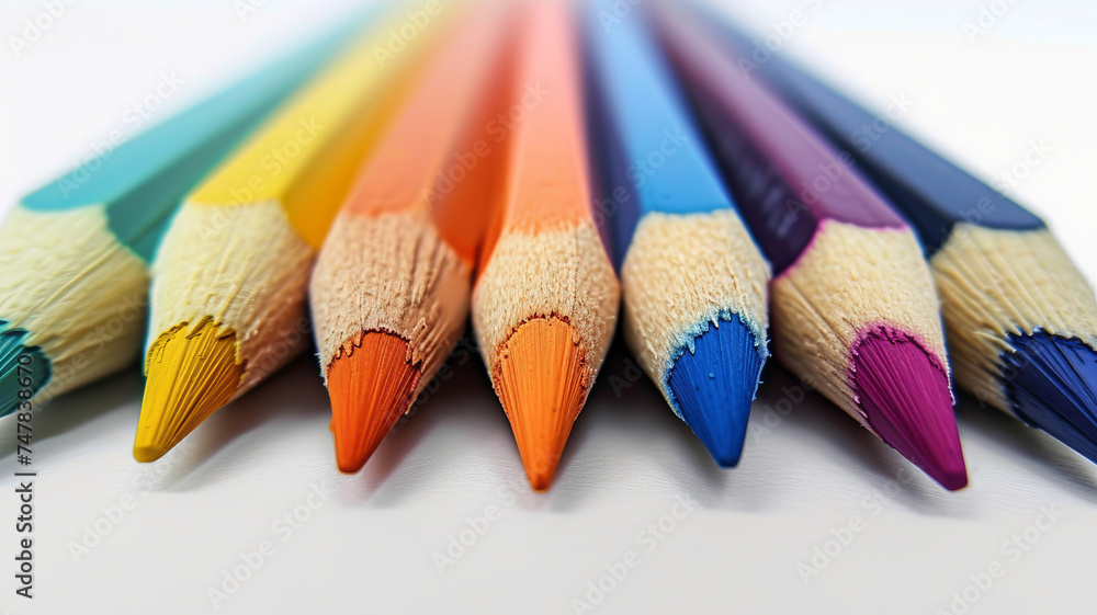 Sharp colored pencils arranged on a white surface AI Generative. Sharp colored pencils arranged on a white surface AI Generative.