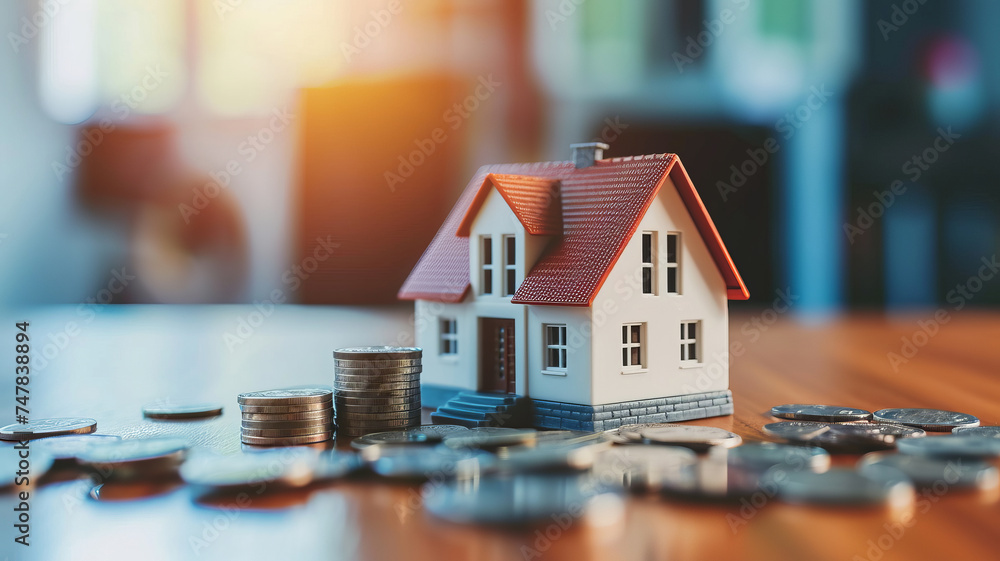Miniature house model with a stack of coins conceptually showcasing real estate investment and financial planning, AI Generative. Miniature house model with a stack of coins conceptually showcasing real estate investment and financial planning, AI Generative.
