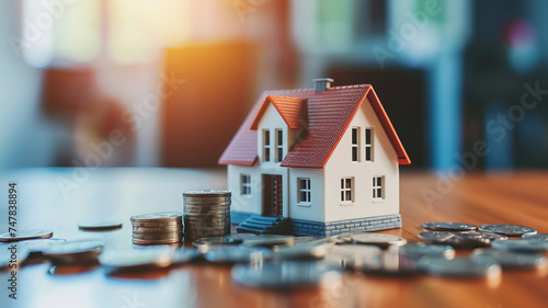 Miniature house model with a stack of coins conceptually showcasing real estate investment and financial planning, AI Generative.
