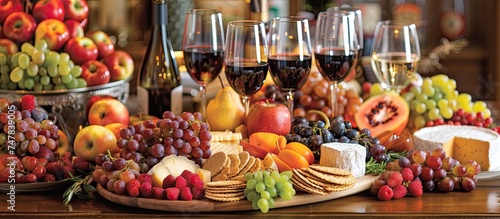A wooden table is covered with a variety of fresh fruits, including grapes, apples, and strawberries, alongside bottles of wine and cheeses. The scene suggests a preparation for a party or gathering. photo