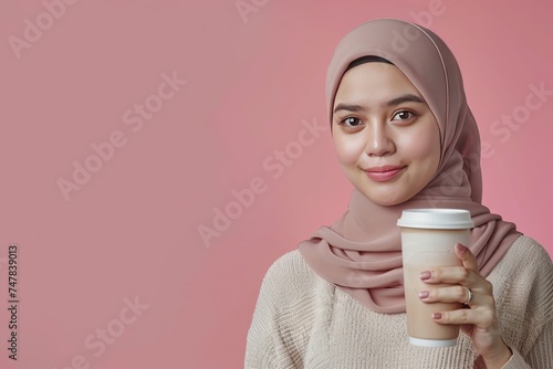 Photo beautiful indonesian hijab young woman Holding Drink at copy space isolated over pink background. ads raw material