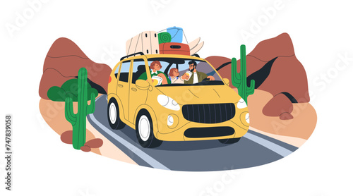 Family travel by car. Parents, kid in road trip, holiday adventure. Happy mother, father and child eating food in auto, summer vacation. Flat graphic vector illustration isolated on white background