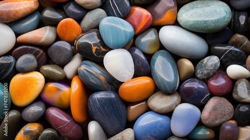 Colorful pebbles background  top view  square composition. Travel and vacation concept with copy space. 