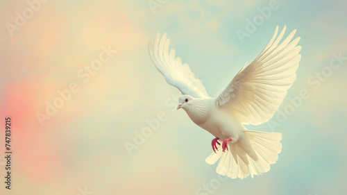 Graceful white dove in flight against a vintage pastel sky  symbolizing peace by AI Generative.