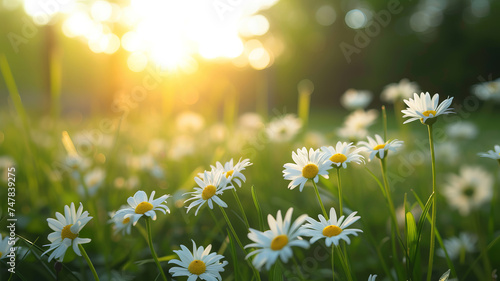 A serene field of daisies captures the gentle warmth of a sunset AI Generative.