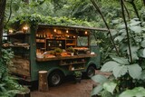 A food truck is parked in the center of a lush forest, providing delicious meals and refreshments to visitors surrounded by nature, Rustic pizza food truck surrounded by lush greenery, AI Generated