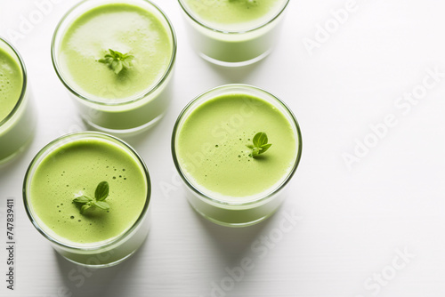 Matcha glass cups are sitting on a background with copy space