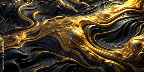 Abstract background of melted liquid gold and honey on dark marble waves. Wallpaper
