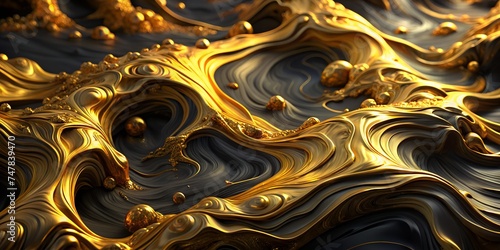 Abstract background of melted liquid gold and honey on dark marble waves. Wallpaper