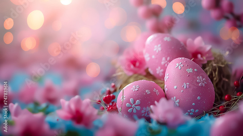 Easter card with pastel colors Easter eggs with flowers on blurred background. free space