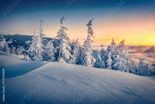 Fantastic winter sunrise in Carpathian mountains with sea of fog in the deep walley. Cold morning scene of fir trees cowered by fresh snow. Beauty of nature concept background. © Andrew Mayovskyy